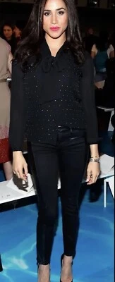 $595 Tory Burch Harlow Leather-Trimmed Biker Jeans Meghan Markle Black Size 28 - Image 1 of 4