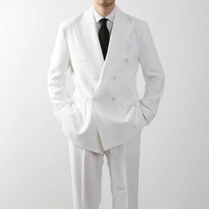 Herren Weißer Anzug Doppelreihige Jacke mit Breiten Spitzkragen Bräutigam - Picture 1 of 14