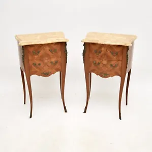 Pair of Antique French Inlaid Marquetry Marble Top Bedside Chests - Picture 1 of 11