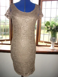 ** SALE ** NEXT PETITE SIZE 6 LADIES DRESS DARK BEIGE TAUPE LACE OVERLAY - Picture 1 of 6
