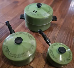 Vintage Wear-Ever Green Enamel Vegetable Pattern Heavy Thick Pot Set - Picture 1 of 19