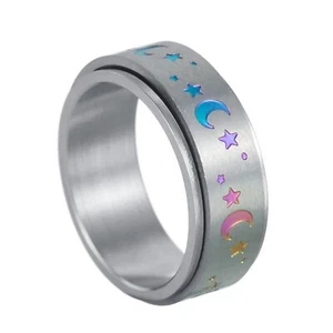 Rainbow Moon Stars Spinner Ring Stainless Steel Celestial Stress Reliever Band - Picture 1 of 6