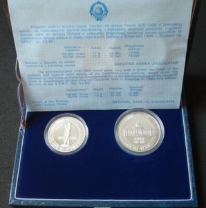 Jugoslavia, set dinara 50K e 100K, 1989, argento proof, conferenza non allineata - Foto 1 di 7