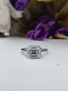 2.00 CT Horizontal Emerald Cut Bezel Anniversary Gift Ring 14K White Gold Plated - Picture 1 of 8