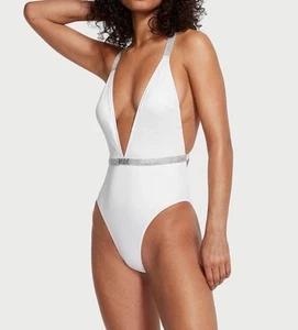 Victoria’s Secret Bride Rhinestone Shine Plunge 1pc Swimsuit White Plus Sz XXL - Picture 1 of 6