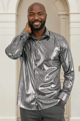 BARABAS Men's Premium Shinny Solid Color Button Down Dress Shirts B46 - Image 1 of 4