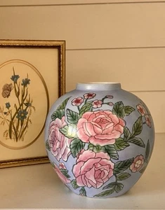 Oriental Vintage Chinoisiere Blue Pink Green Floral Rose Ginger Jar Vase No Lid - Picture 1 of 7