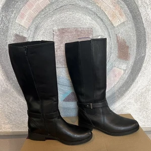 Clarks Merrian Rayna hoher Reitstiefel schwarz Leder Stretch Kalb Größe 10 - Bild 1 von 19