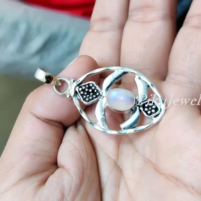 Pietra di Luna Arcobaleno Gemma Argento Sterling 925 Ciondolo Tartaruga... - Immagine 1 di 4