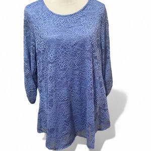 New Directions Blue Lace Top Size Large 3/4 Sleeves Relaxed Fit Tunic  - Picture 1 of 6