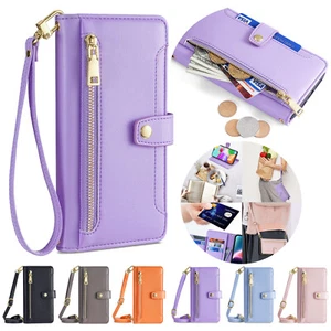 For Samsung A55 A14 A15 A52 Zipper PU Leather Wallet Card Crossbody Strap Case - Picture 1 of 72