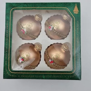Glass Ornaments Christmas by Krebs Box Of 4 Gold Ribbon Glitter 3.5" - Picture 1 of 7