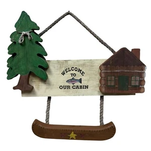 Rustic Wooden Welcome To Our Cabin Wall Hanging Decor Sign Plaque Tree & Canoe - Picture 1 of 10