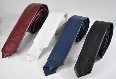 MEN Faux Leather Shining Neck tie Necktie Black White Burgundy Red Navy Blue  - Image 1 of 4