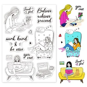 Sweet Womans Clear Stamps Work Hard Book Cat Transparent for Cards Scrapbooking - Picture 1 of 8