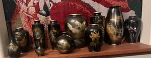 lot-11-Japanese Vases- Black Enamel on Brass Inlaid with Abalone-MIXED PICTURED - Picture 1 of 9