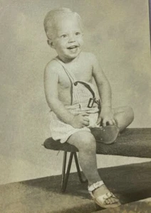 Blond Boy Sitting On Bench Studio Shot B&W Photograph 2.5 x 3.5 - Picture 1 of 3
