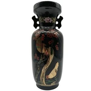 VTG KUTANI Style JAPANESE VASE Porcelain Black & Gold Rooster Birds & Flowers - Picture 1 of 8