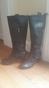 Replay Womans Black Boots Size 7 Double Sided Zippers 3.5" Heel RE-81 - Picture 1 of 12