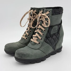 Sorel Lexi Wedge Boots Womens 9 Green Quilted Leather Puffer Casual Classic - Picture 1 of 23