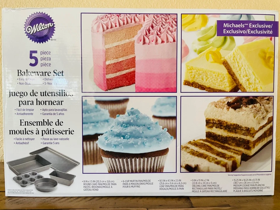 Wilton 5 PC No-stick Bakeware Set Cupcake Round Rectangle Loaf Cookie Sheet