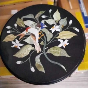 12'' Black Round Marble Coffee Table Top Inlay Malachite antique bird design - Picture 1 of 8