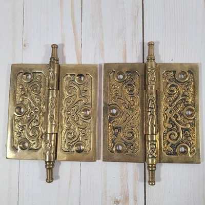 Antique Victorian Brass Door Hinges Ornate Scroll Steeple Ends  Lot of 2 - Image 1 of 4