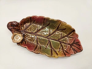 Vintage Leaf Pottery Trinket Dish w/Small Flower Accents 6.5" Long - Picture 1 of 11