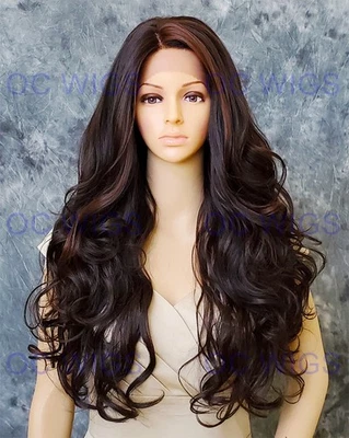 Peruca longa solta encaracolada renda frente calor OK mistura de cabelo humano marrom escuro/acastanhado EVEO - Imagem 1 de 4