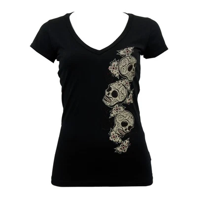 Auténtica Camiseta LUCKY 13 Tres Calaveras Calavera de Azúcar Juniors Cuello en V Profundo L NUEVA Foto 1 de 4