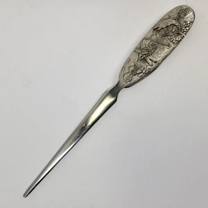 Vintage Brieföffner Zinn Metall mit Angelszene und Klappmesser Klinge - Bild 1 von 12