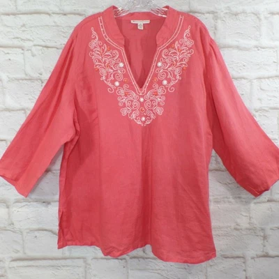 JM Collection Tunic 100% Linen Women Hot Pink Size 20W Embellished 3/4 Sleeves - Image 1 of 4