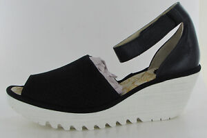 $179 FLY London Womens Yake Leather Wedge Sandals, Black/White, EU 41/US 10-10.5
