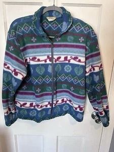 Vintage Funky 90s Plant Print Zip Up Fleece Colorful Jacket Teddi Large Petite - Picture 1 of 6