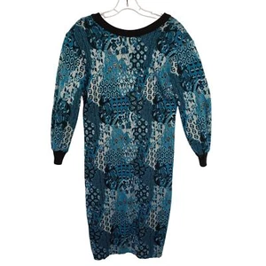 Vintage anni 90 Molly B. Maglione Vestito Donna Bondi Blu Pullover Geometrico V Schiena - Foto 1 di 8