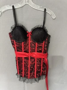 Just Sexy Lingerie Bustier Corsetto Pizzo Push Up Ruffle Nero/Rosso Taglia S - Foto 1 di 6