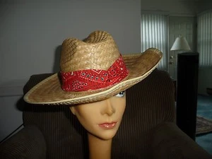 #815W vtg STRAW WIDE BRIM hat Cowboy Mexico 21" R inner w 3 1/2" W BRIM RED band - Picture 1 of 9