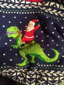 Boys Red & Blue Santa Riding T-Rex Santa Christmas Holiday Sweater M 10/12 - Picture 1 of 3