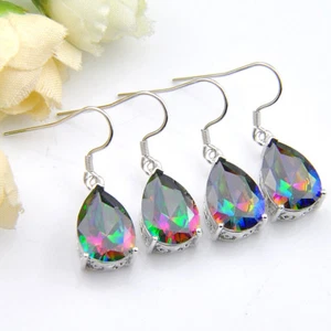 Teardrop New 2 prs 1 lot Rainbow Mystic Fire Topaz Gems Silver Danlge Earrings - Picture 1 of 7