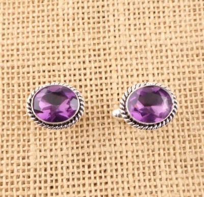 925 Sterling Silver Men's Jewelry Natural Amethyst Gemstone Purple Cufflinks  HA - Image 1 of 4