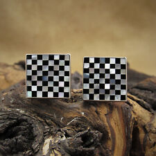 Sterling Silver Jet and Mother of Pearl Checkerboard Inlay Cuff Links