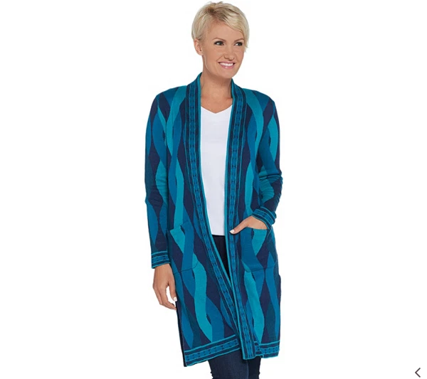 Isaac Mizrahi Live! Cárdigan plumero tejido jacquard Geo Cable, azul [XS] Foto 1 de 2