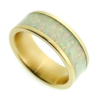Alianza de boda personalizada con incrustaciones de ópalo para hombre en oro amarillo de 14 k de 8 mm de ancho talla 8 Foto 1 de 4