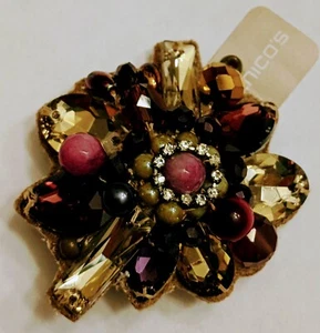 Chico's Pin Brooch Floral Gold Pink Burgundy Crystal And Gems New NWT - Picture 1 of 11