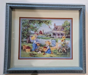 "Vintage Barbara Mock schwerer gerahmter Druck ""Bauernhaus Kinder Äpfel pflücken" - Bild 1 von 5
