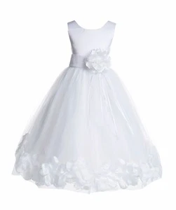 Wedding Pageant Floral Rose Petals White Flower Girl Dress Tulle Princess #007 - Picture 1 of 31