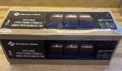 Copper Indigo 3 piece Ceramic Citronella Candles with decorative tray - Image 1 of 4