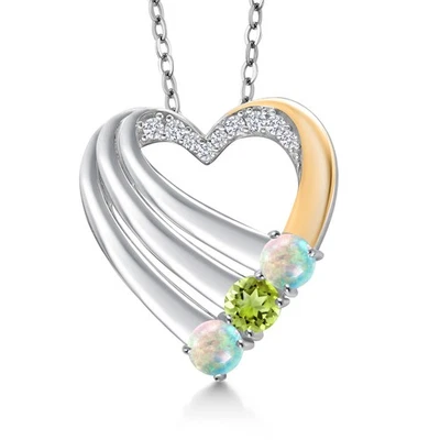 925 Silver and 10K Yellow Gold Simulated White Opal and Peridot and White Lab Foto 1 de 4