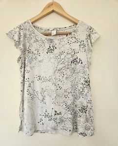 H&M White Floral Print T-shirt With Ruffled Cap Sleeves - Size M (14) - Picture 1 of 3