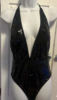 Nuevo con etiquetas Traje de baño Juicy Couture negro de una pieza lentejuelas profundo talla V med despedida de soltera Foto 1 de 4